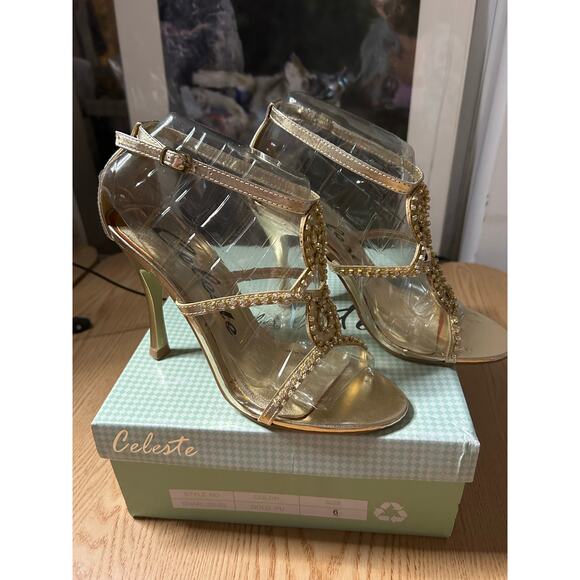New Women’s Celeste Charlize 3.5” High Heel 👠 Shoes Gold Rhinestones size 10 - Picture 3 of 7